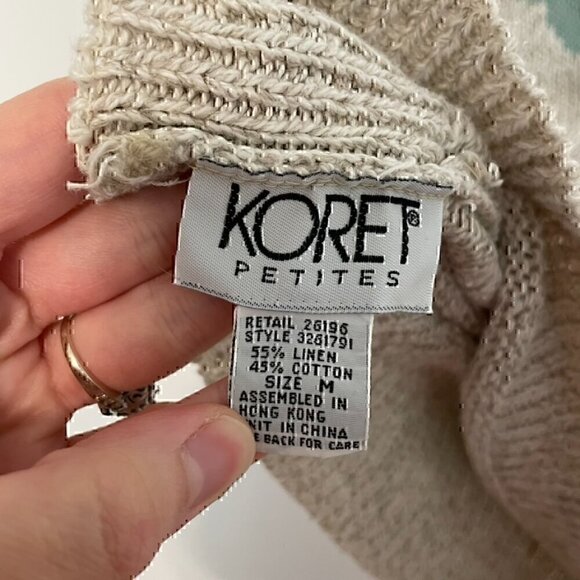 VINTAGE KORET Cream Beige Floral Short Dolman Sleeve Linen Cotton Sweater PETITE - Picture 4 of 11